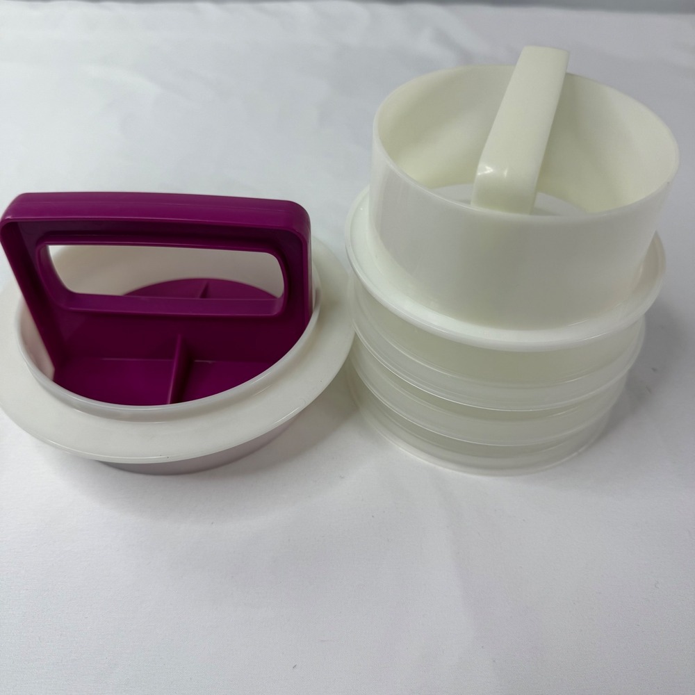 Vintage Plastic Burger Press Set White Purple Slider Patty Maker and Containers